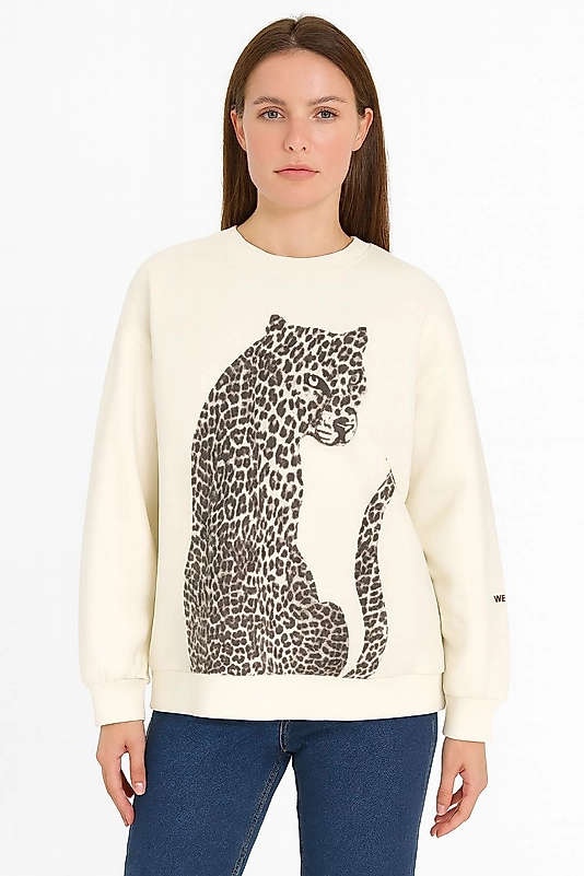 QUZU Leopar Figürlü Kolu Yazı Baskılı Sweatshirt Ekru