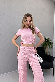 CROP VE PANTOLON İKİLİ TAKIM BUBBLE KUMAŞ YUMUŞACIK - YANI KANALLI CROP VE YÜKSEK BEL PANTOLON