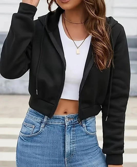 SİYAH CROP KAPÜŞONLU HIRKA