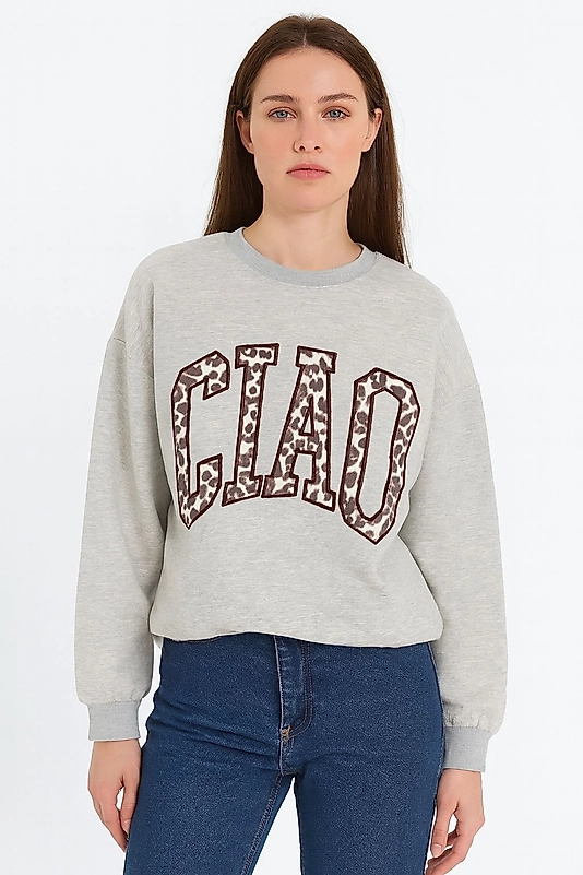 QUZU Leopar Desenli Yazı Baskılı Oversize Sweatshirt Grimelanj