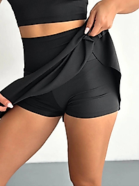 Kadın Belize Kumaş Yüksek Bel İçi Taytlı Mini Etek Şort etek Taytlı etek Tenis eteği Yoga eteği M-SİYAH