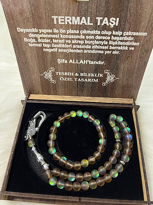 TERMAL TAŞI TESBİH & BİLEKLİK SETİ ÖZEL TASARIM AHŞAP KUTUSUNDA