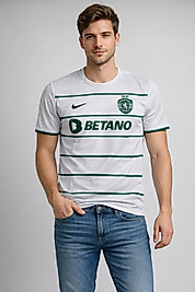 Yeşil Çizgili Beyaz Erkek Forma Tişört - Viktor Gyökeres Sporting CP forması- 9 Numara Baskılı Spor T-Shirt Sporting CP 2025/26 Deplasman Forması (Away Jersey)