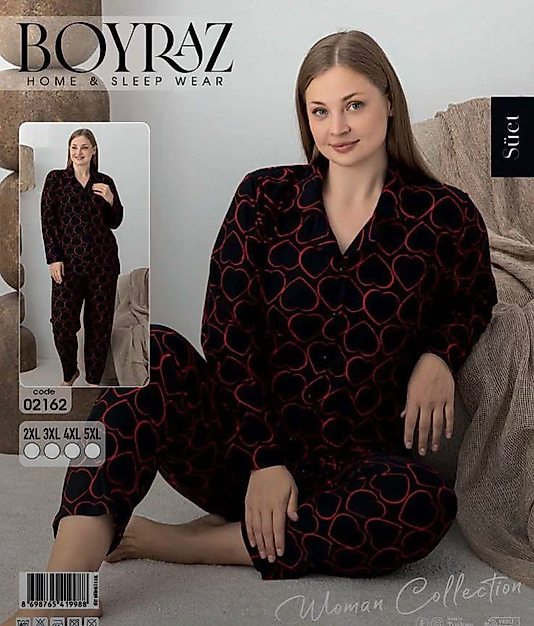 BOYRAZ SÜET BATTAL DÜĞMELİ KALP DESEN PİJAMA TAKIMI 5XL